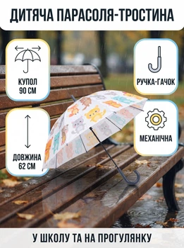 Парасоля-тростина дитяча механічна купол 90 см 6 спиць яскравий малюнок поліестер проста система складання дитина відкриває сама у школу та на прогулянку у подорож і в авто Різнобарвна