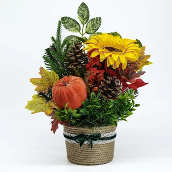 Декоративная осенняя композиция GALA DECOR из искусственных цветов с тыквой и шишками в плетеном кашпо 25*30 см