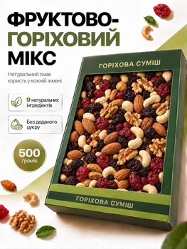 Горіхова суміш мікс горіхів і сухофруктів горіхове фруктове асорті горішків для перекусу кешю мигдаль арахіс журавлина вялена вишня родзинки горіховий корисний перекус в дорогу для сніданків випічки десертів салатів натуральний вітамінний без цукру 500 г