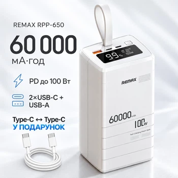 Повербанк REMAX RPP-650 60000 мА·год, PD 100 Вт, цифровий дисплей, білий + кабель у подарунок