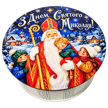 Подарок новогодний №32/21 "Святой Николай с детьми", 515 г (15х15х7 см, в деревянной коробке), Уникальная конфета, (2026_32_21)