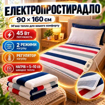 Электропростынь с подогревом 90х160 см 45 Вт с регулятором температуры 2 режима цветные полосы