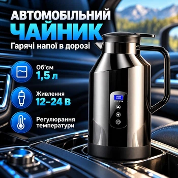 Чайник 12 24 вольт автомобильный от прикуривателя 200 Вт с дисплеем для подогрева напитков авто нержавеющая сталь