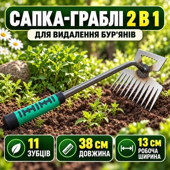 Багатофункціональна садова сапка-граблі для видалення бур'янів та розпушування ґрунту, 11 зубців, 38 см, зелена