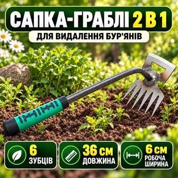 Багатофункціональна садова сапка-граблі для видалення бур'янів та розпушування ґрунту, 6 зубців, 36 см, зелена