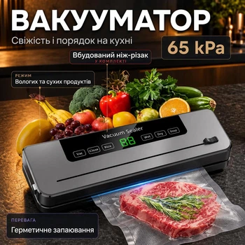 Вакууматор для продуктов домашний 65 кПа — бытовой вакуумный упаковщик с ножом для заморозки мяса, рыбы и овощей