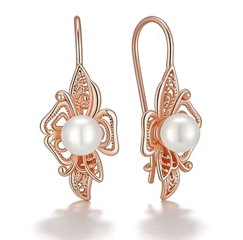 Жіночі сережки квітка з перлиною (золото 585п) французька петля Pearl Ornament GONCHAR & CO. ювелірний сплав