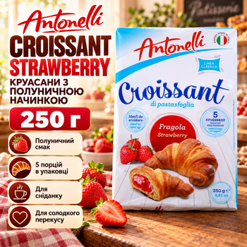 Круассаны Antonelli Croissant Strawberry с клубничной начинкой 250 г 5 шт. по 50 г сладкая выпечка с фруктовым вкусом для завтрака и перекуса