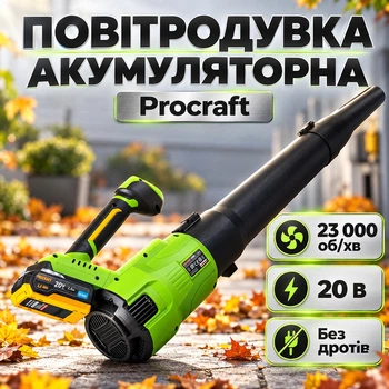 Воздуходувка аккумуляторная Procraft PB26 20В/3.0А·ч Скорость воздуха 35 км/ч 23000 об/мин 3 скорости