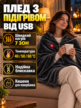 Плед с подогревом от USB 160×80 см электроодеяло электроплед электропростынь JoyPro 5V 10W 3 режима 7 зон нагрева серое