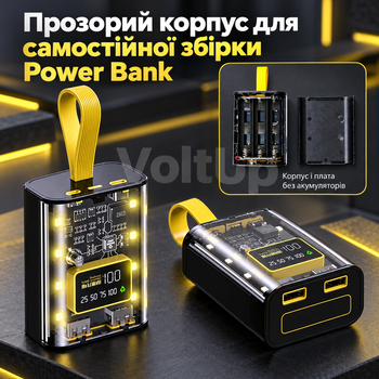 Прозорий DIY корпус для Power Bank 3×18650 з LED лампою • Micro USB + Type-C, 2 USB виходи, заряджання 10 Вт, без акумуляторів