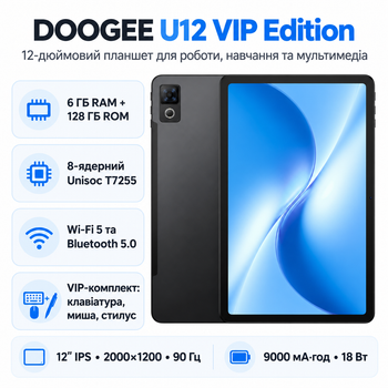 Планшет Doogee U12 VIP Edition 6/128 ГБ 12" 90 Гц Wi-Fi Android 16 Black