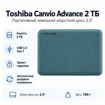 Внешний жесткий диск Toshiba Canvio Advance 2 ТБ 2.5" USB 3.2 Gen 1 Green (HDTCA20EG3AA)