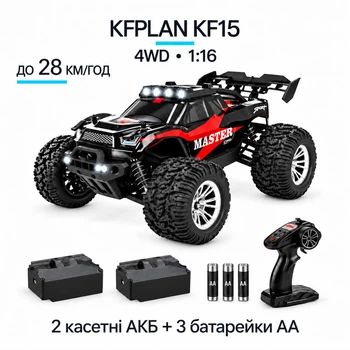 Радиоуправляемый монстр-трак KFPLAN KF15 1:16 4WD, 2 аккумулятора, чёрный с красным + батарейки в подарок