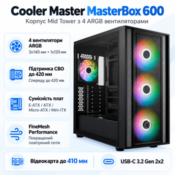 Корпус для ПК Cooler Master MasterBox 600 ARGB Mid Tower без БЖ E-ATX/ATX/MicroATX/ITX Black (MB600-KGNN-S00)