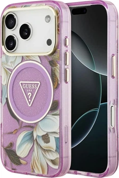 Etui na smartfon Apple iPhone 18 Pro Max/17 Pro Max Guess IML Glitter Flowers Triangle MagSafe Purple (GUHMP18XHFLPEDU)