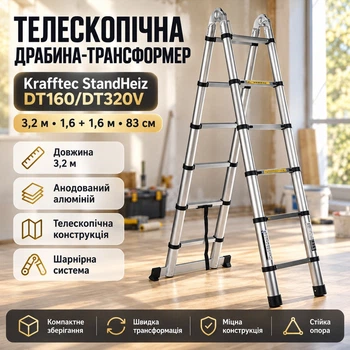 Стремянка телескопическая лестница раскладная 3.2 м анодированный алюминий складывается до 83 см для дома и сада