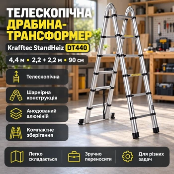 Стремянка телескопическая лестница раскладная 4.4 м анодированный алюминий складывается до 90 см для дома и сада