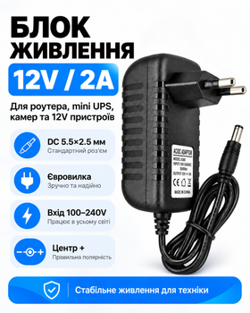 Сетевой адаптер ac dc 12v 2a 5.5×2.5 мм Adapter блок питания для ибп юпс бесперебойника камеры роутера и устройств с питанием дс 12в от розетки 220v евровилка двойная изоляция черный