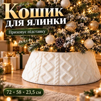Декоративная корзина-воротник под елку из мягкой фактурной ткани, без дна, молочно-белая, 72×58×23,5 см