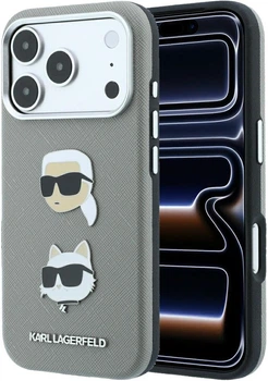 Etui do smartfona Apple iPhone 18 Pro/iPhone 17 Pro Karl Lagerfeld Saffiano with Karl & Choupette Heads Pins & Logo Grey (3666339650377)