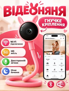 Видеоняня Baby Monitor с гибким креплением и подключением к смартфону Wifi/Bluetooth качество HD датчик звука, движения, ночное видение и колыбельные Розова