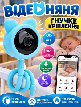 Видеоняня Baby Monitor с гибким креплением и подключением к смартфону Wifi/Bluetooth качество HD датчик звука, движения, ночное видение и колыбельные Синяя