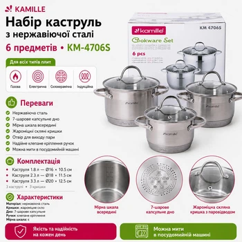 Набор кастрюль Kamille из нержавеющей стали 6 предметов (1.8 л, 2.3 л, 3.3 л) KM-4706S