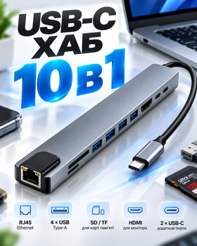 USB hub Type-C для ноутбука компʼютера концентратор та юсб хаб 10 в 1 з HDMI 4K Розгалужувач USB 3.0 2.0 Ethernet та RJ45 швидкий порт перехідник тайп сі з SD card та microSD TF card слотами адаптер для вашого ПК або MacBook