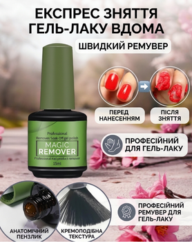 Гелевый ремувер для гель-лака и дип-системы Magic Remover Средство для снятия гель-лака, безопасное 15 мл (AN)8589