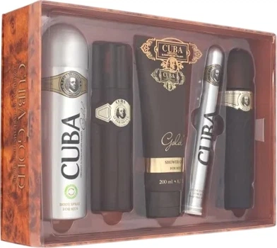 Zestaw męski Cuba Gold Woda toaletowa 100 ml + Woda toaletowa 35 ml + Balsam po goleniu 100 ml + Żel pod prysznic 200 ml + Spray do ciała 200 ml (5425017736103)