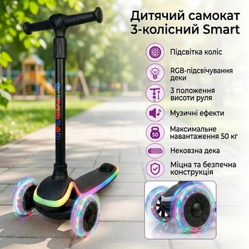 Детский самокат 3-колесный Smart с музыкой и подсветкой (полиуретановые колеса), черный (DP-242666337)