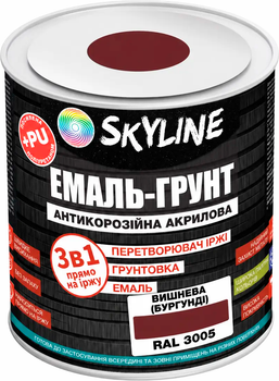 Эмаль-грунт 3 в 1 акрил-полиуретановая шелковисто-матовая SkyLine RAL 3005 0.9 кг Вишневая (Бургунди) (E3-13005-S-09)