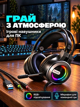 Игровые наушники проводные с микрофоном EK02 геймерские компьютерные игровая гарнитура для геймера игр пк телефона планшета LED подсветка