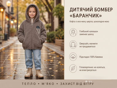 Детская тёплая кофта-бомбер из шерпы (эко-мех тедди) с капюшоном, шоколадная, размер 128