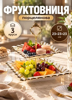 Фруктовница двухярусная фарфоровая квадратная для фруктов конфет и десертов 23×23×23 см этажерка конфетница двухуровневая Белый с золотом
