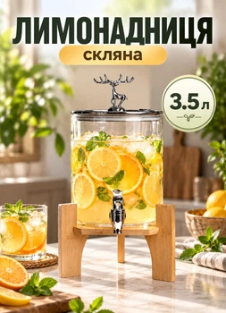 Лимонадница с краном на бамбуковой подставке стеклянная 3.5 литра лимонадник диспенсер с краном для напитков соков махито компотов коктейлей Прозрачный