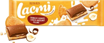 Шоколад Roshen Lacmi молочный с шоколадно-ореховой начинкой и печеньем 290 г (4823077629570)