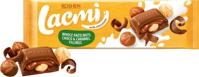 Шоколад Roshen Lacmi молочний з цілими лісовими горіхами та шоколадно-карамельною начинкою 295 г (4823077629518)
