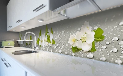 Кухонний фартух Квіти яблуні Краплі води (наклейка для кухні ПВХ плівка скіналі) Текстура 60*300 cм