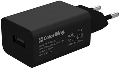 Мережевий зарядний пристрій ColorWay 1 USB AUTO ID 2 A (10 W) Black (CW-CHS012-BK)