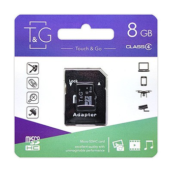 Карта памяти MicroSDHC 8GB Class 4 T&G + SD-adapter (TG-8GBSDCL4-01)