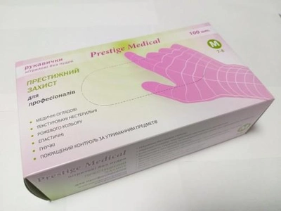 Перчатки одноразовые нитриловые не опудренные «Престиж Медикал» розовые M (100 шт., 50 пар, плотность 3,8 г)