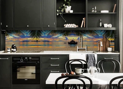 Кухонный фартук Скинали Рассвет на Острове (виниловая пленка наклейка ПВХ ) море пальмы Голубой 60х200 см