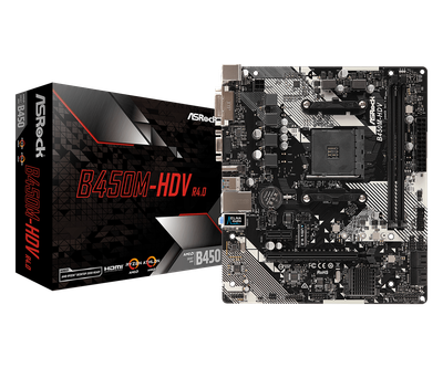 Мат.плата AM4 (B450) AsRock B450M-HDV R4.0, B450, 2xDDR4, Int.Video(CPU), 4xSATA3, 1xM.2, 1xPCI-E 16x 3.0, 1xPCI-E 1x 2.0, ALC887, RTL8111H, 6xUSB3.1/4xUSB2.0, VGA/DVI-D/HDMI, mATX