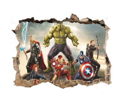 Интерьерная виниловая 3D наклейка на стену Халк, Тор, Капитан Америка, Железный Человек, Соколиный глаз в детскую 70-50 см ( Декор Комнаты Обои Марвел Мстители Супер Герой )