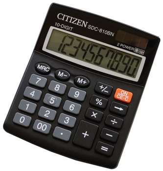 Калькулятор Citizen SDC-810BN; настольный, 10-разрядный, литиевая + солнечная батарея (двойное), 124 х 102 х 25 мм