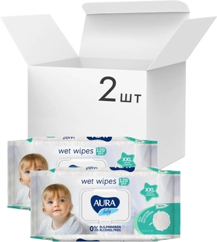 Упаковка детских влажных салфеток Aura Baby XXL 2 пачки по 120 шт (15900095028519)