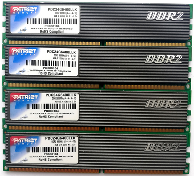 Комплект игровой оперативной памяти Patriot DDR2 8Gb (4*2Gb) 800MHz PC2 6400U CL4 (PDC24G6400LLK) Б/У