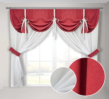 Кухонная занавеска красная Adagio Windows Decor с ламбрекеном в размере 2х1,7м